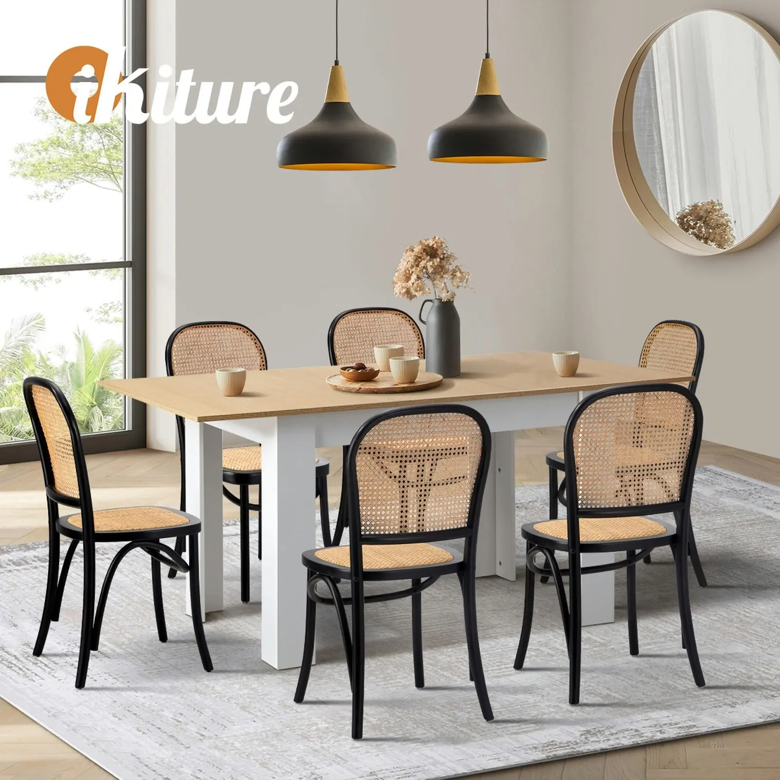 Oikiture 7PCS Dining sets 160cm Extendable Table with Chairs Rattan Black