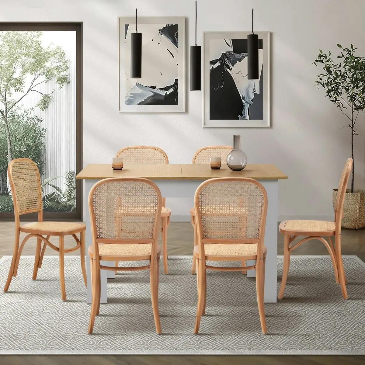 Oikiture 7PCS Dining sets 160cm Extendable Table with Chairs Rattan Natural