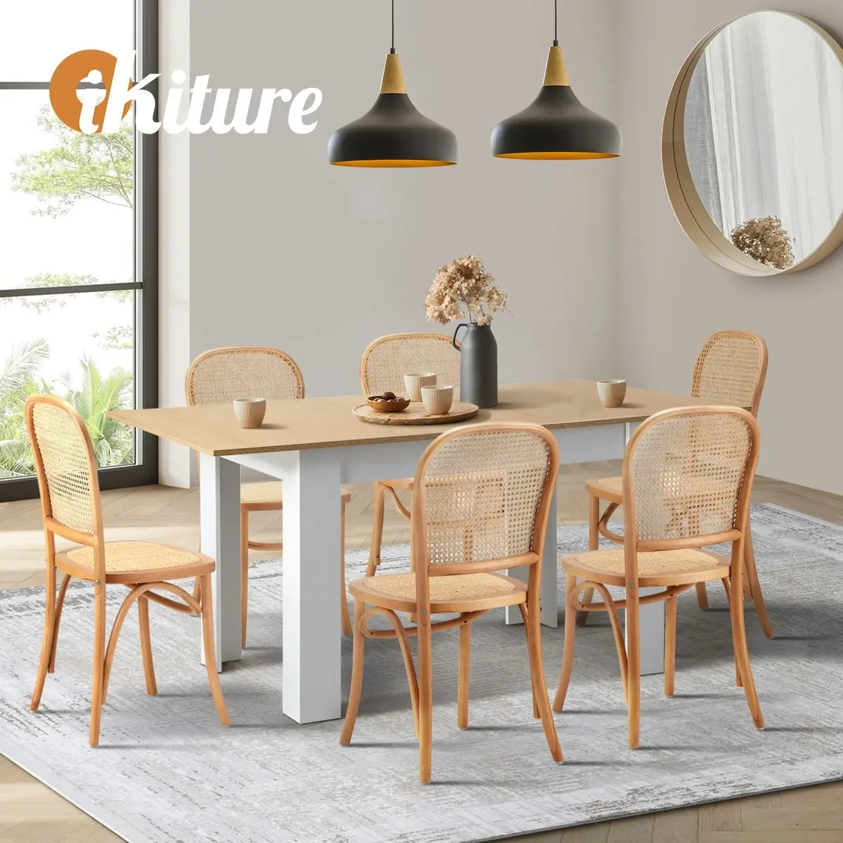 Oikiture 7PCS Dining sets 160cm Extendable Table with Chairs Rattan Natural