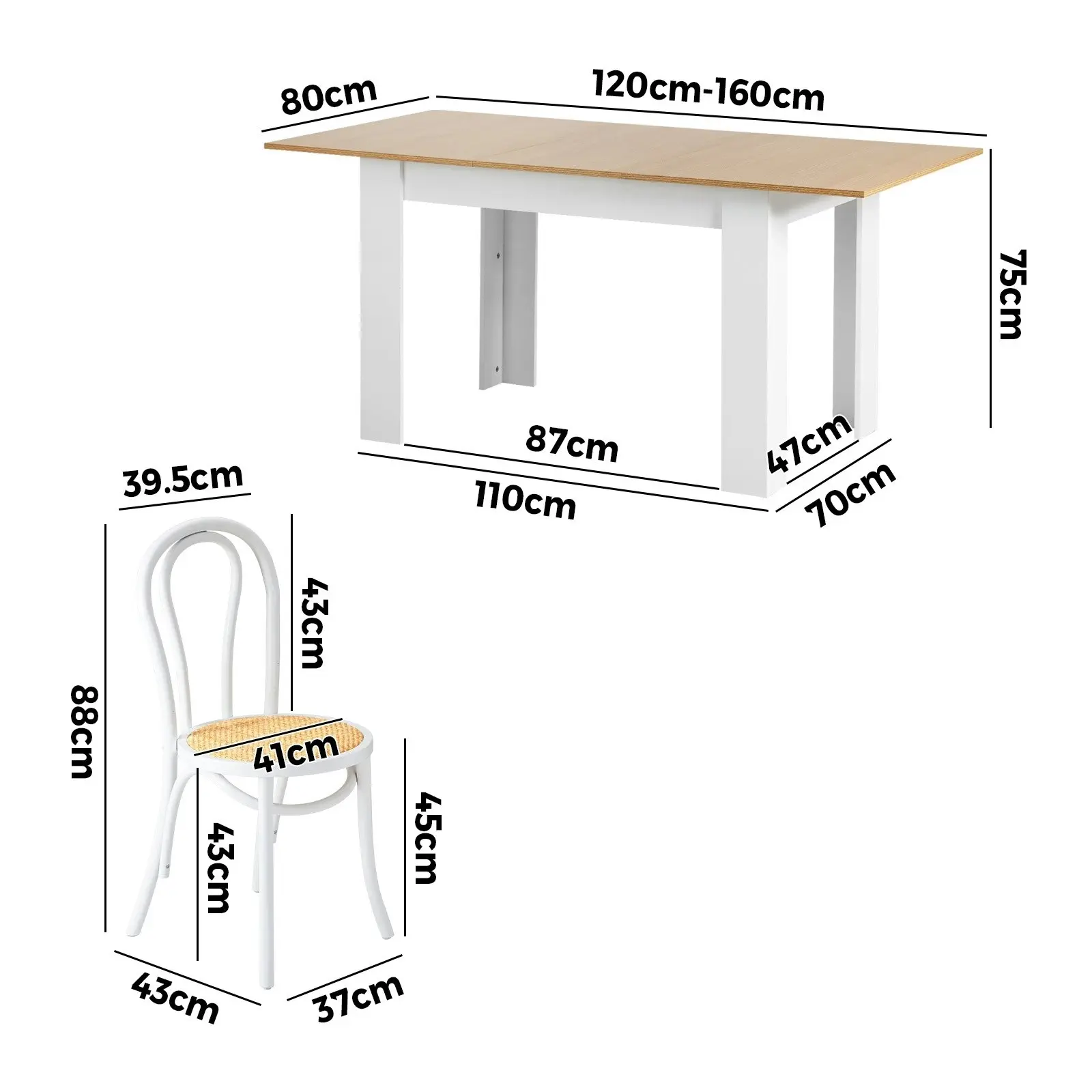 Oikiture 7PCS Dining sets 160cm Extendable Table with Crossback Chairs White