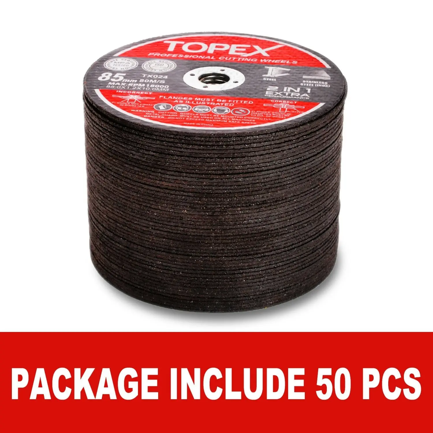 Topex 50-Piece 85mm Professional Cutting Wheels Discs 2 in 1 Steel Inox Ultra Thin