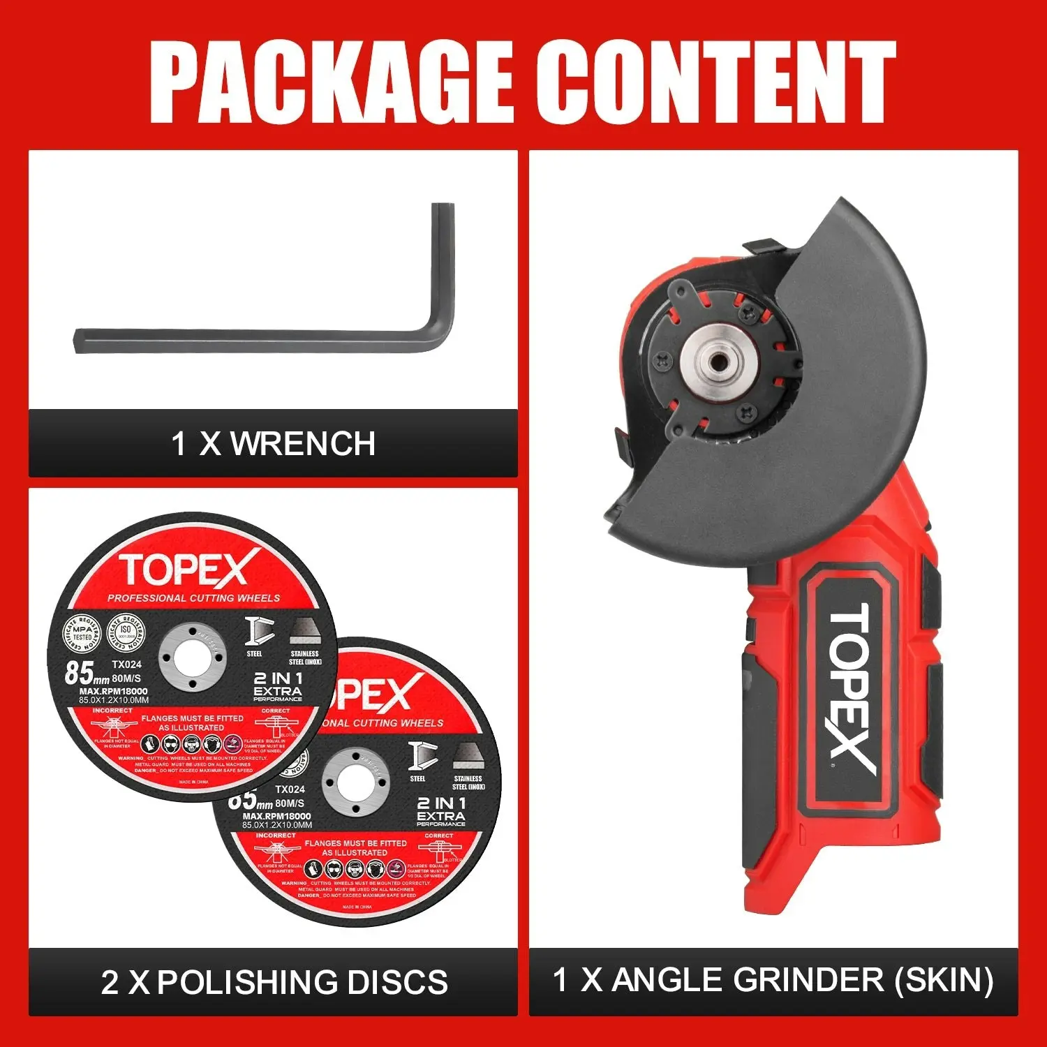 Topex 12V Cordless Angle Grinder Skin Only without Battery,with 2 Polishing disc & 1 Wrench for Metal and Wood