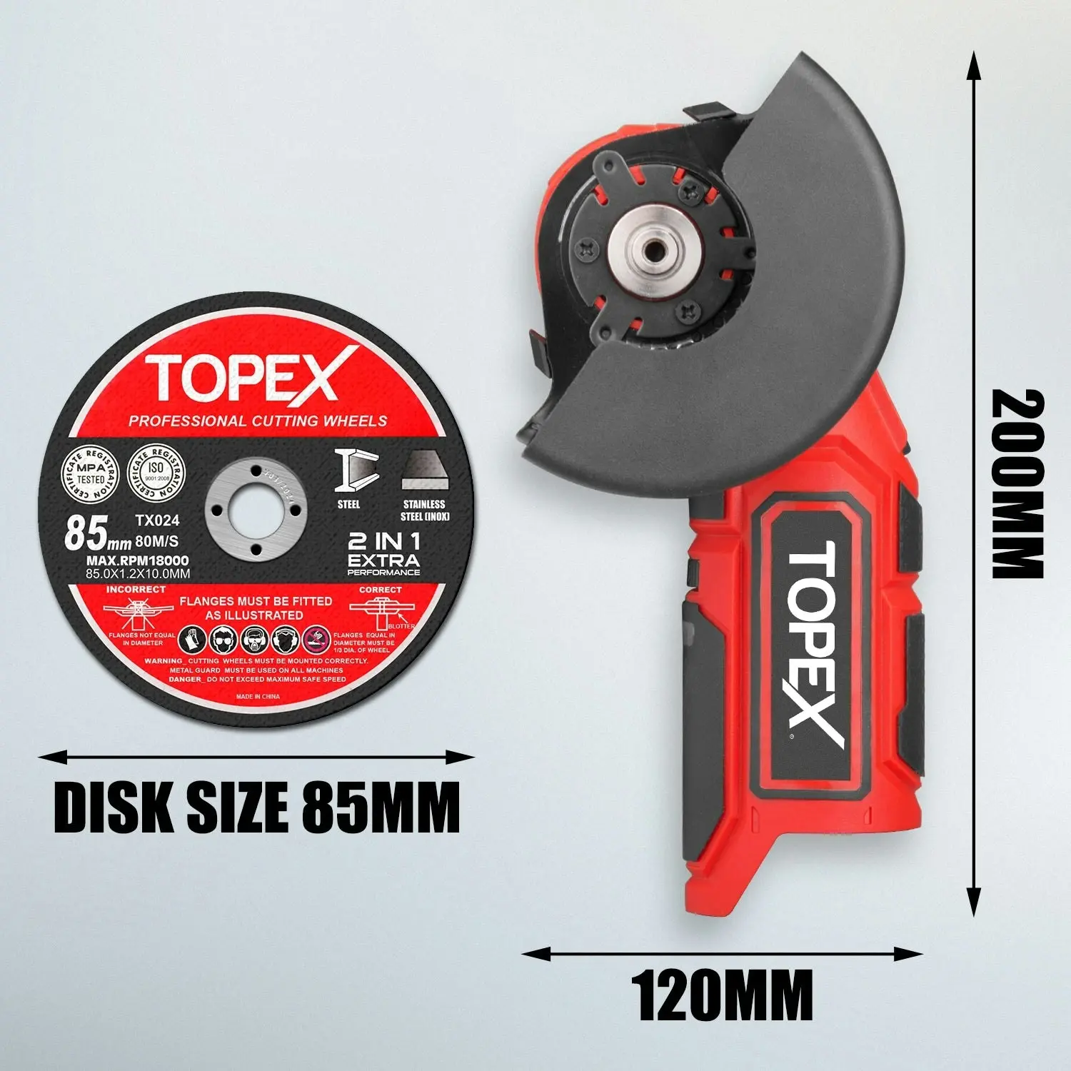 Topex 12V Cordless Angle Grinder Skin Only without Battery,with 2 Polishing disc & 1 Wrench for Metal and Wood