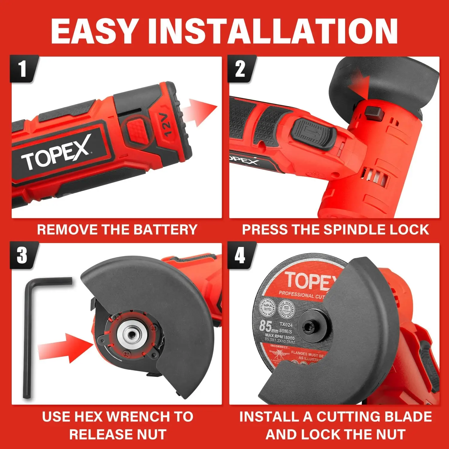 Topex 12V Cordless Angle Grinder 1 Wrench for Metal and Wood w/12V 2.0Ah Lithium-Ion Battery&14.4V /0.4A charger