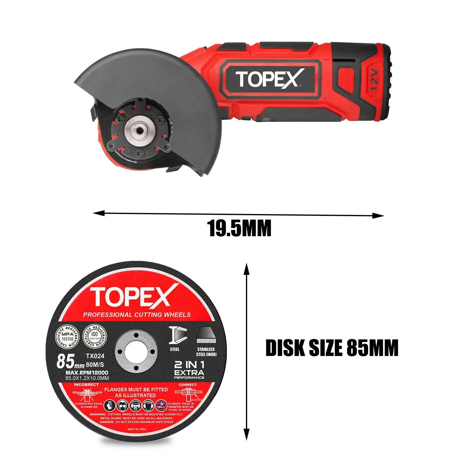 Topex 12V Cordless Angle Grinder 1 Wrench for Metal and Wood w/12V 2.0Ah Lithium-Ion Battery&14.4V /0.4A charger