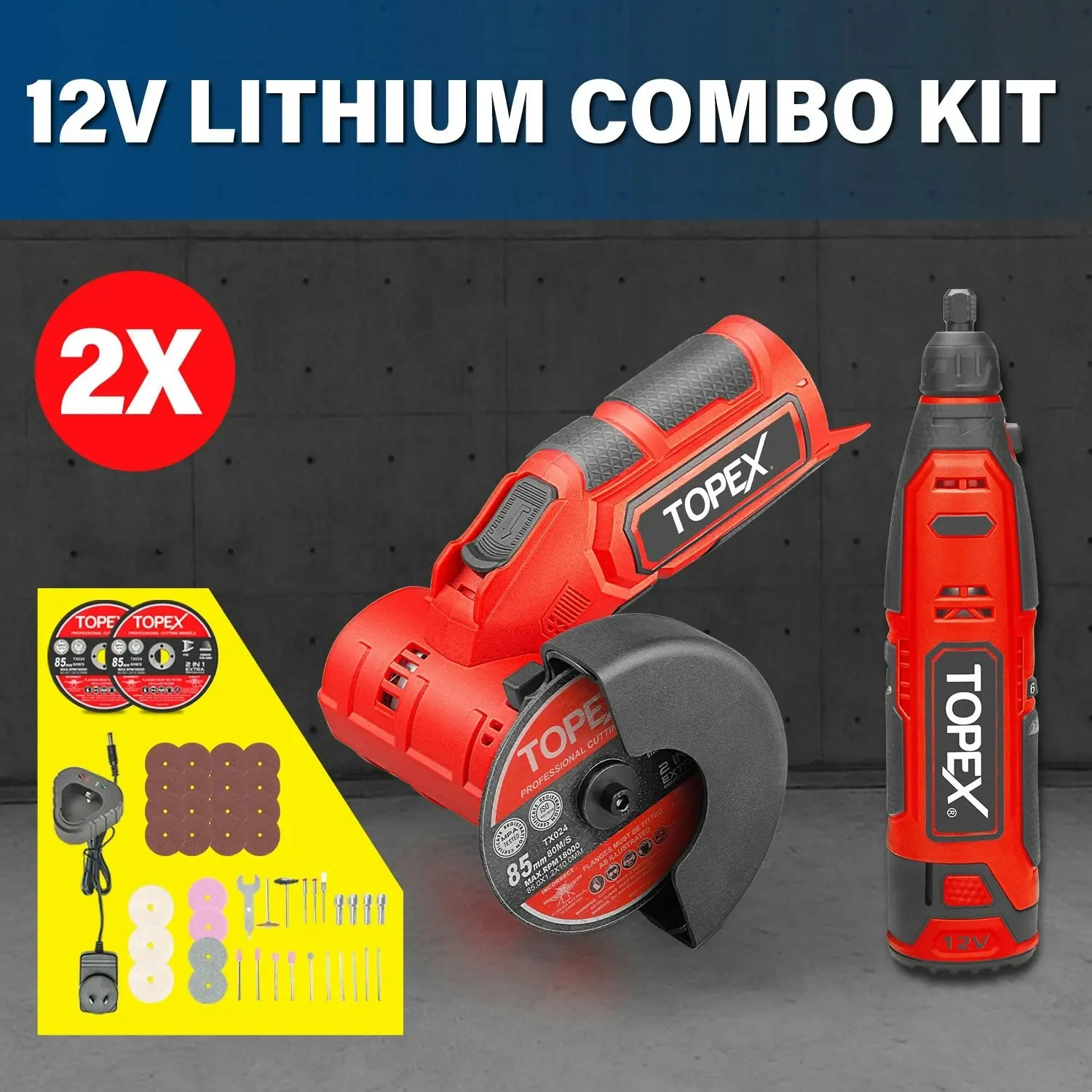 Topex 12V Cordless Rotary Tool  W/12V Cordless Angle Grinder & Lithium Battery