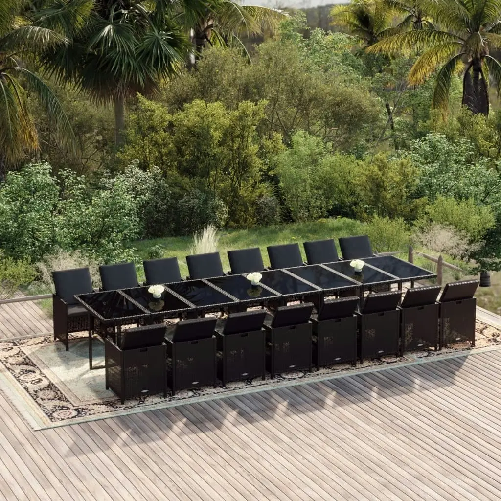 17 Piece Garden Dining Set with Cushions Black Poly Rattan 3095666