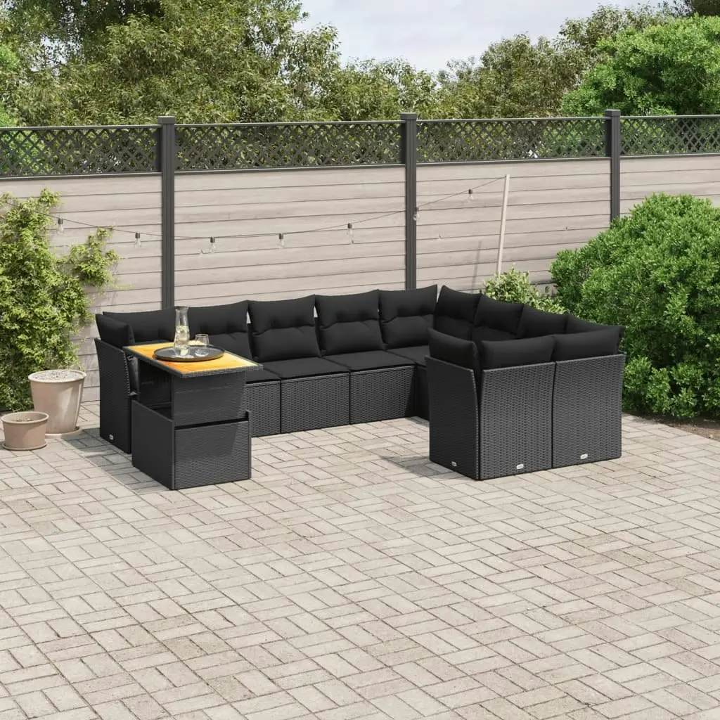 10 Piece Garden Sofa Set with Cushions Black Poly Rattan 3271013