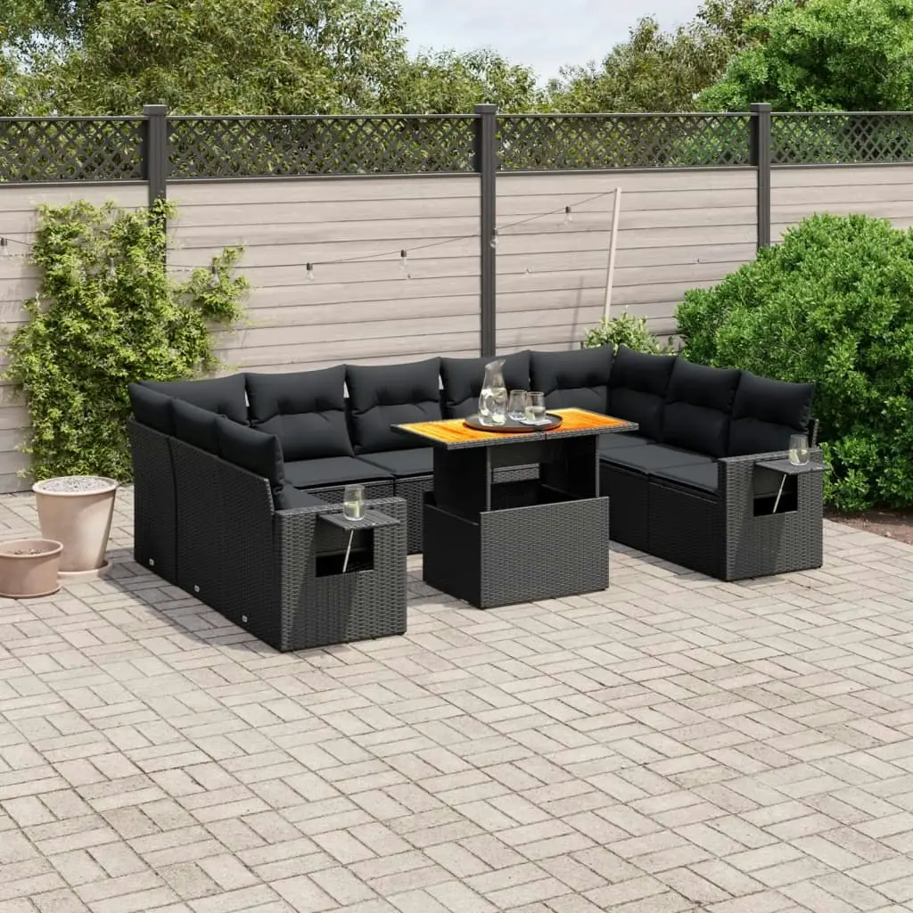 10 Piece Garden Sofa Set with Cushions Black Poly Rattan 3271895