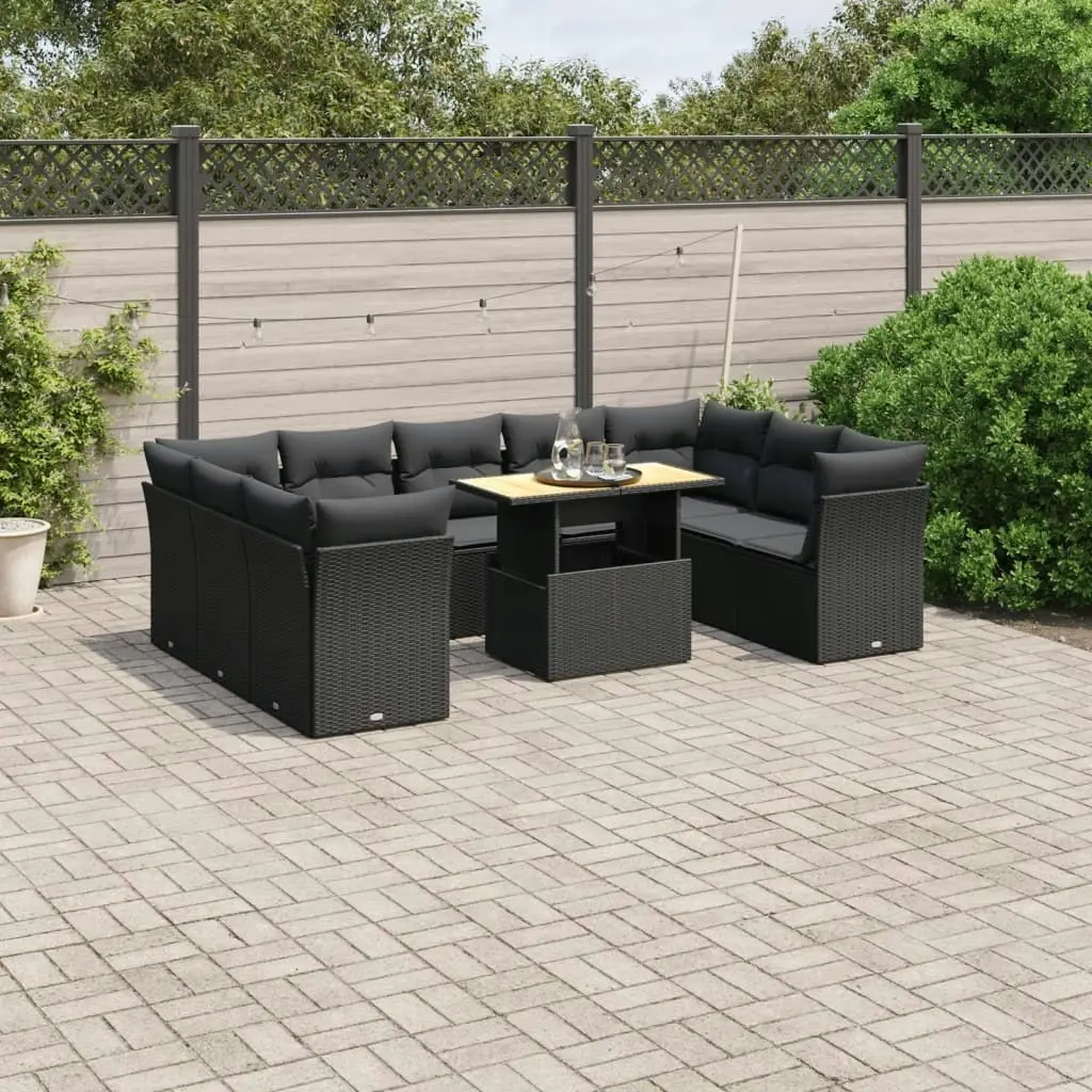 10 Piece Garden Sofa Set with Cushions Black Poly Rattan 3270992