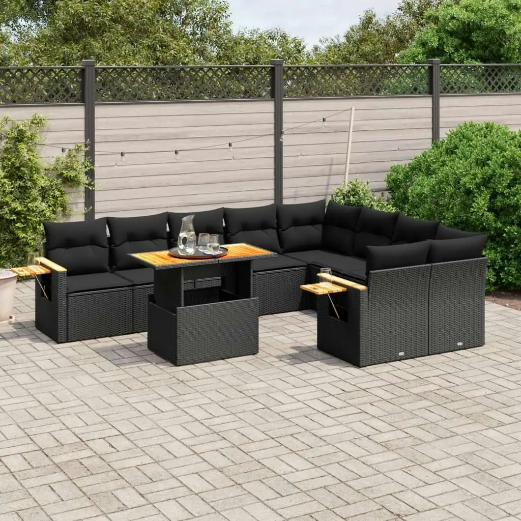 10 Piece Garden Sofa Set with Cushions Black Poly Rattan 3273673