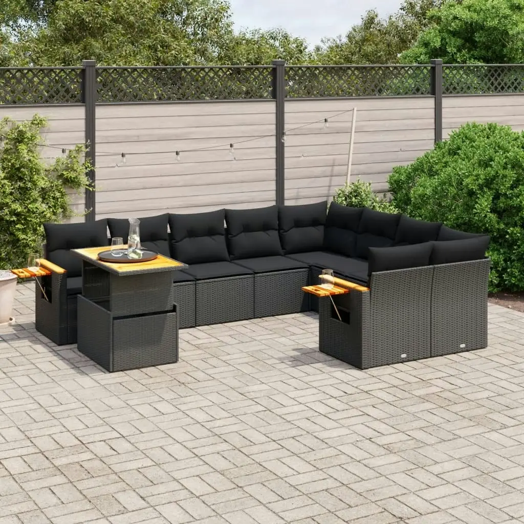 10 Piece Garden Sofa Set with Cushions Black Poly Rattan 3273680