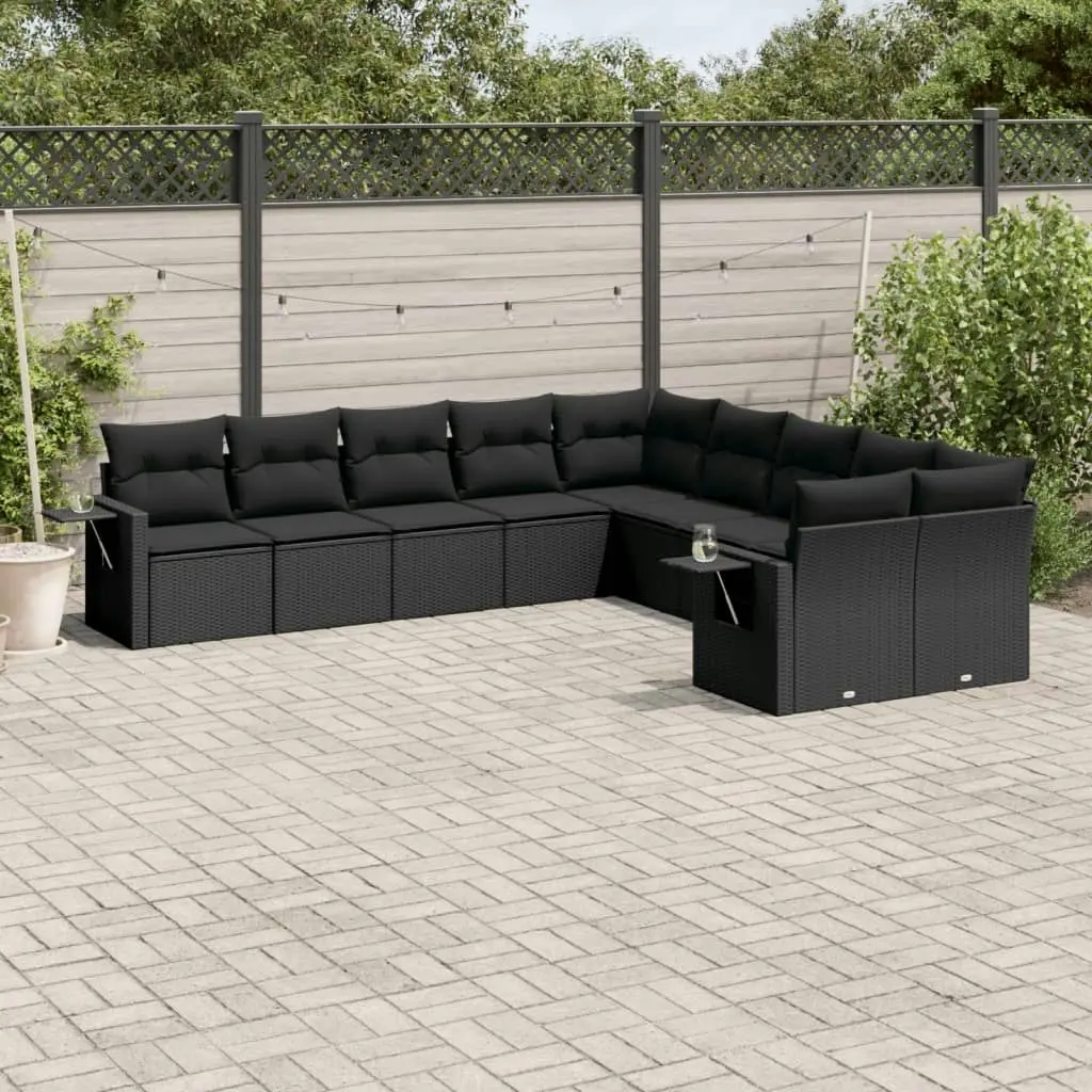 10 Piece Garden Sofa Set with Cushions Black Poly Rattan 3220704