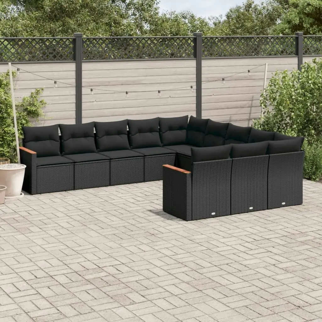 11 Piece Garden Sofa Set with Cushions Black Poly Rattan 3258828