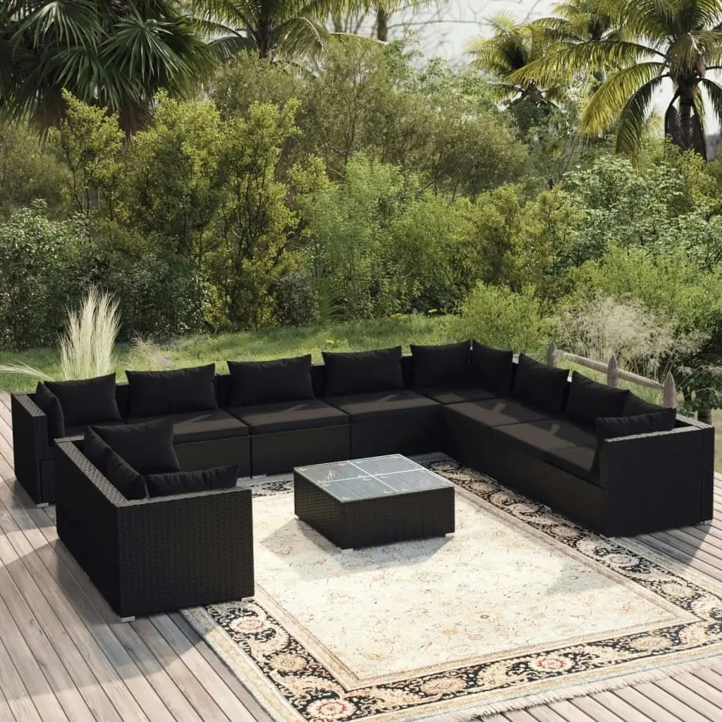 11 Piece Garden Lounge Set with Cushions Black Poly Rattan 3102520