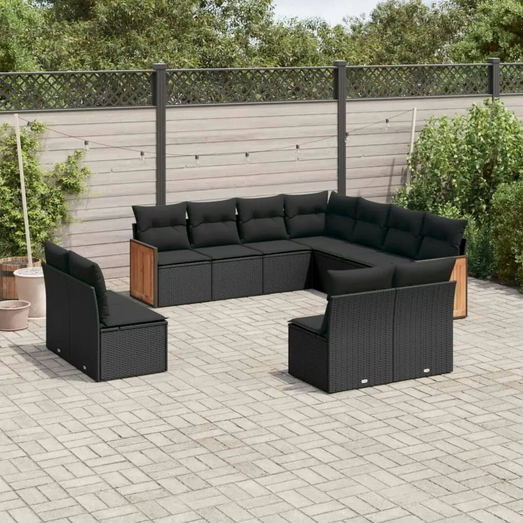 11 Piece Garden Sofa Set with Cushions Black Poly Rattan 3227763