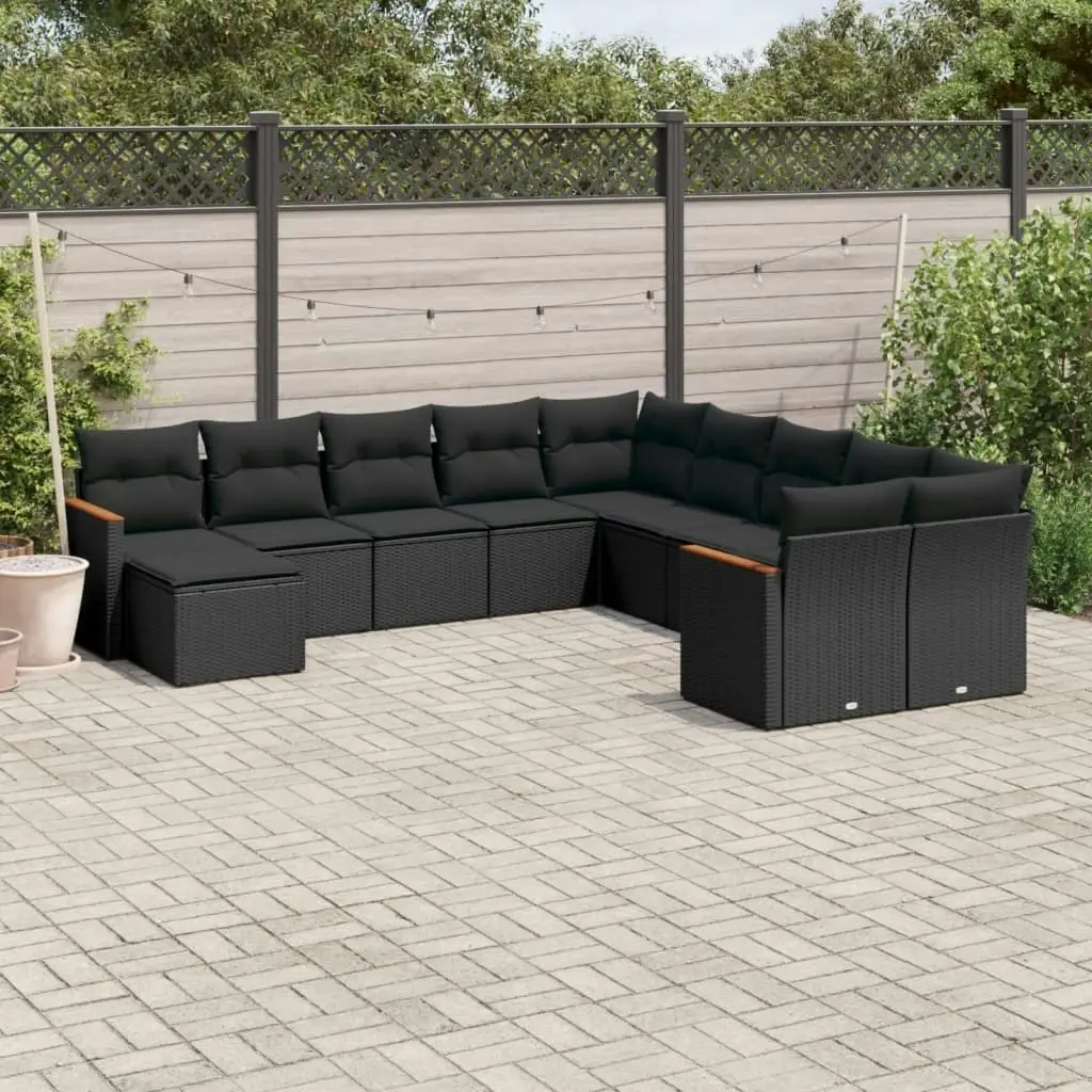 11 Piece Garden Sofa Set with Cushions Black Poly Rattan 3226566