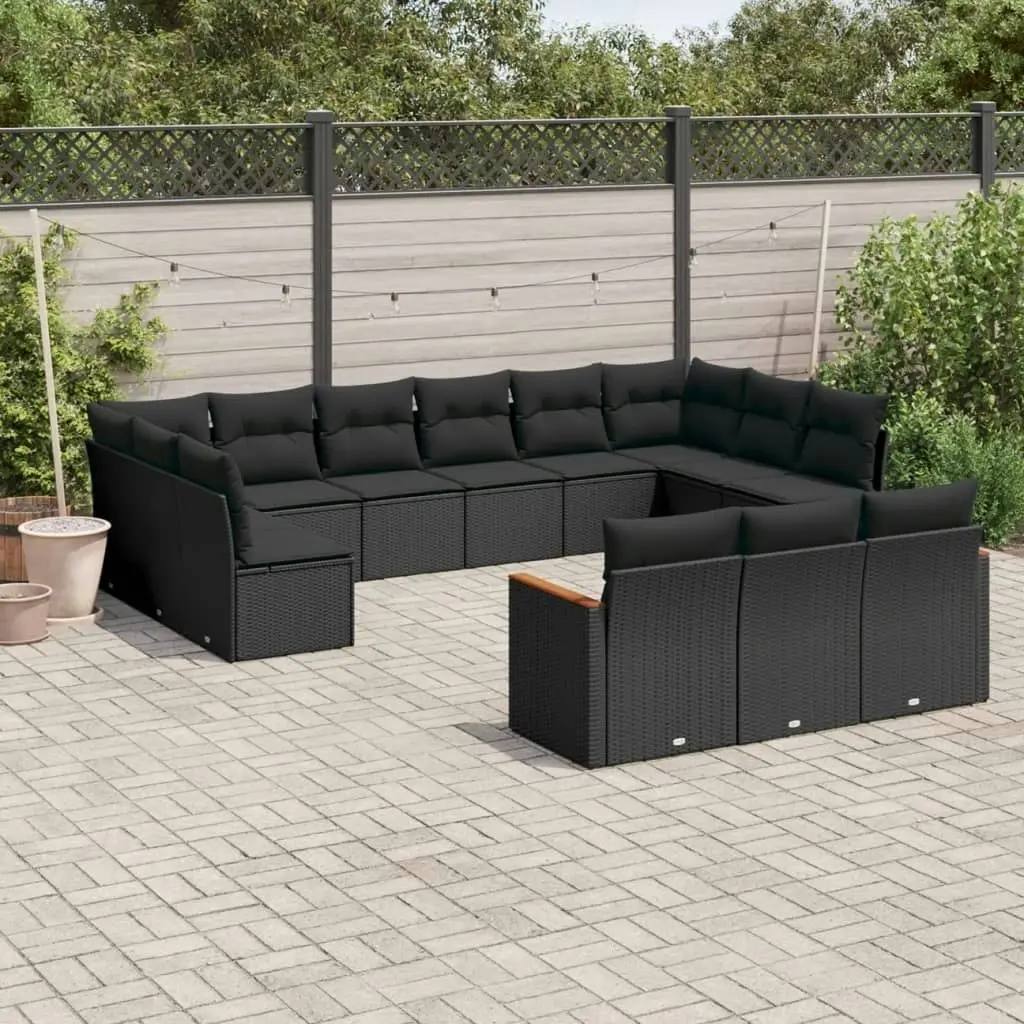 13 Piece Garden Sofa Set with Cushions Black Poly Rattan 3258856