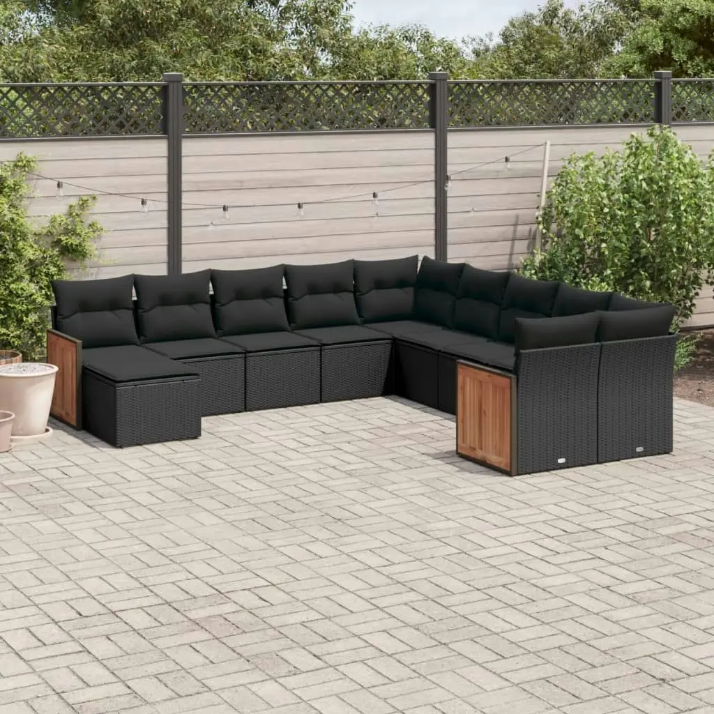 11 Piece Garden Sofa Set with Cushions Black Poly Rattan 3228246