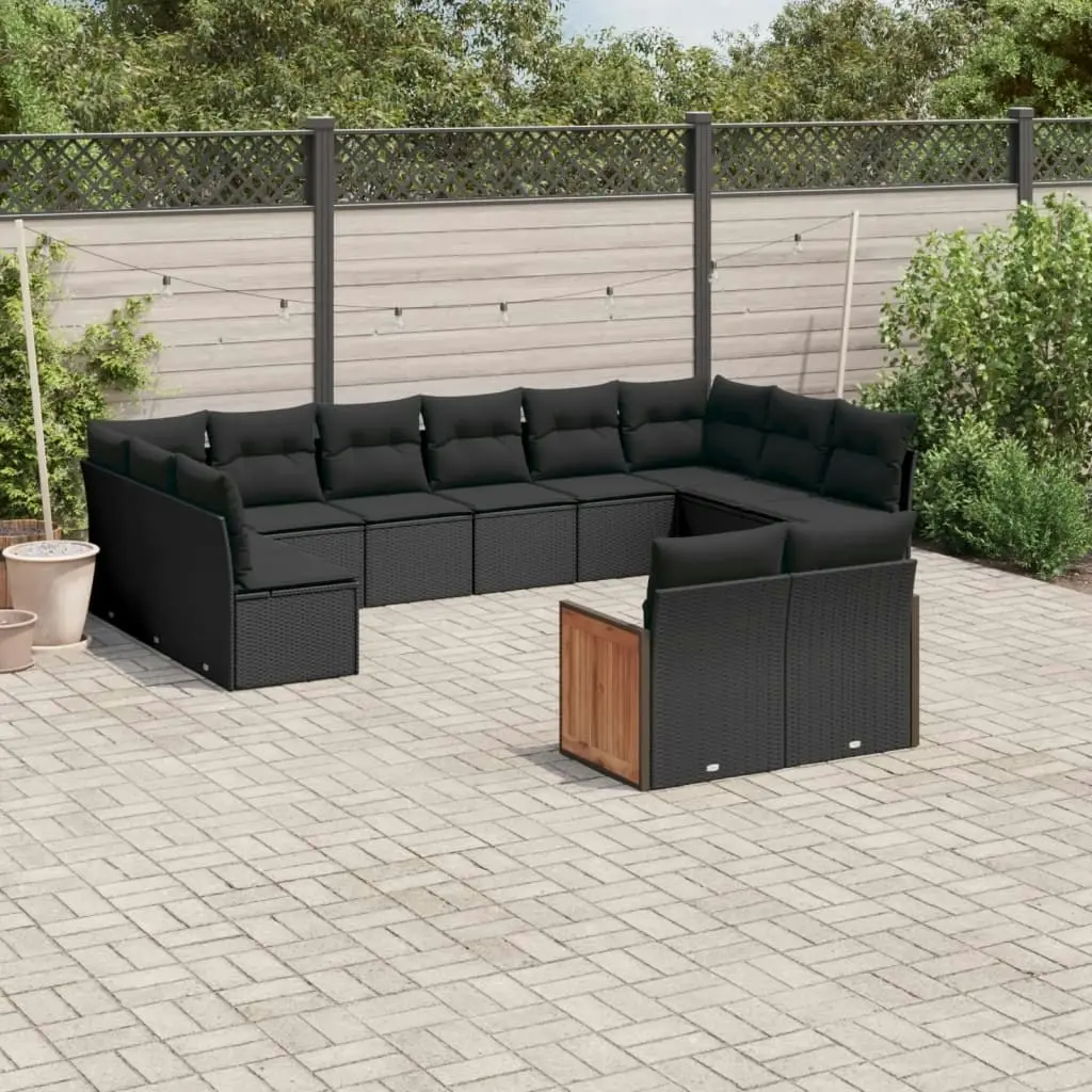 12 Piece Garden Sofa Set with Cushions Black Poly Rattan 3228120