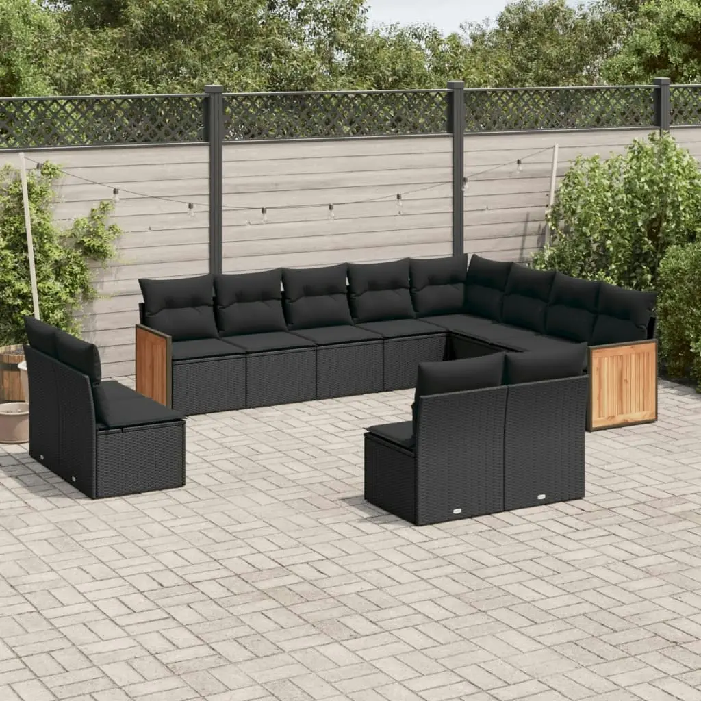 12 Piece Garden Sofa Set with Cushions Black Poly Rattan 3228148