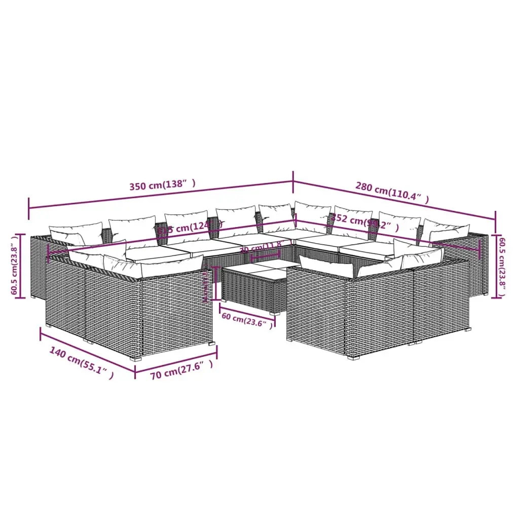 13 Piece Garden Lounge Set with Cushions Grey Poly Rattan 3102901