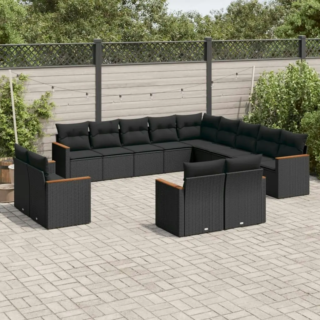 13 Piece Garden Sofa Set with Cushions Black Poly Rattan 3226524