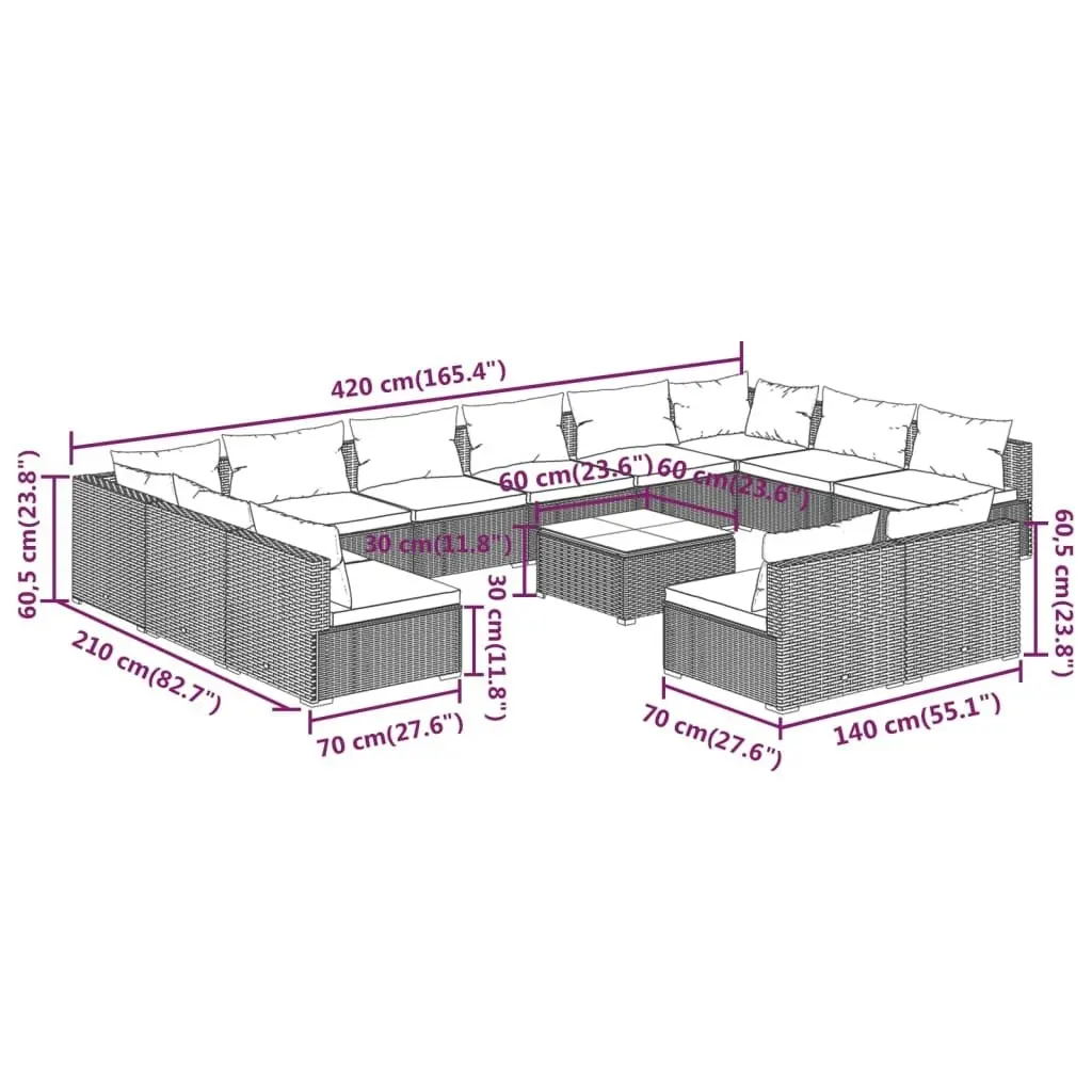 13 Piece Garden Lounge Set with Cushions Grey Poly Rattan 3102150