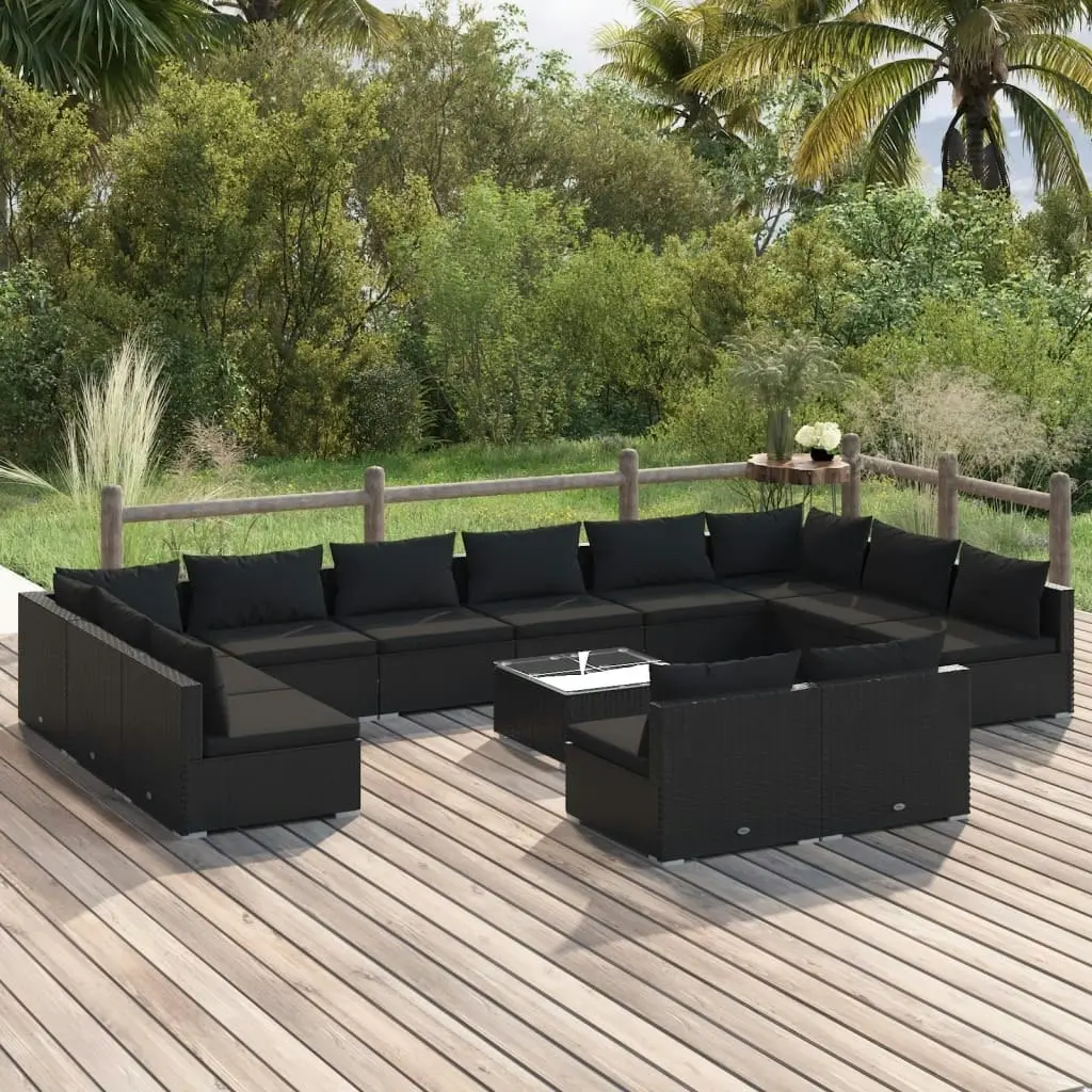 13 Piece Garden Lounge Set with Cushions Black Poly Rattan 3102144