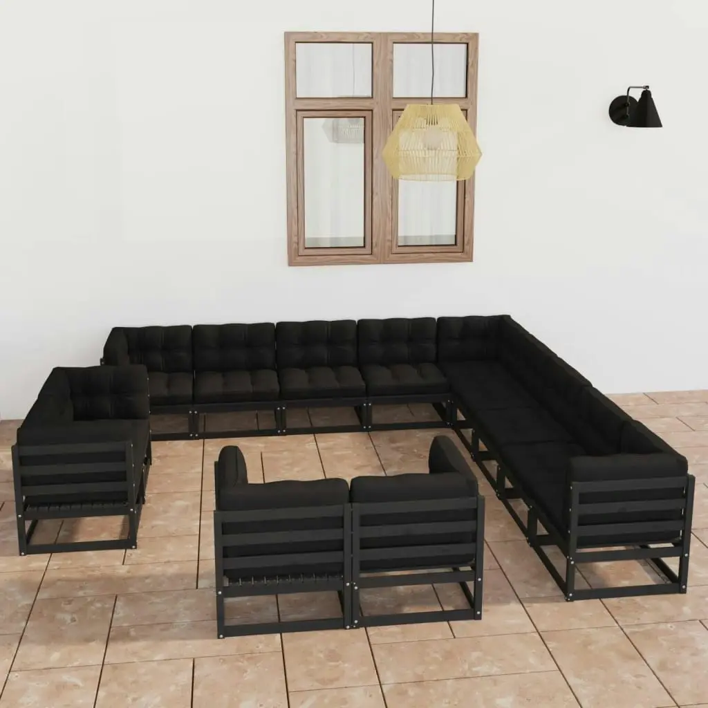 13 Piece Garden Lounge Set with Cushions Black Solid Pinewood 3077018