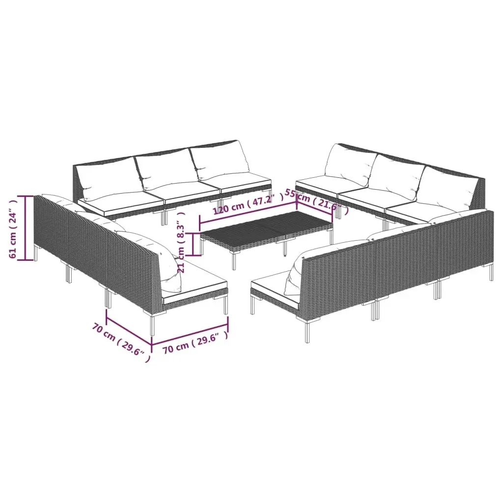 13 Piece Garden Lounge Set with Cushions Poly Rattan Dark Grey 3099807