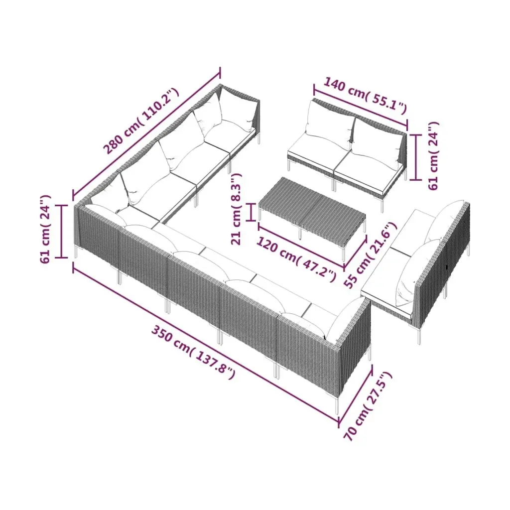 13 Piece Garden Lounge Set with Cushions Poly Rattan Dark Grey 3099893