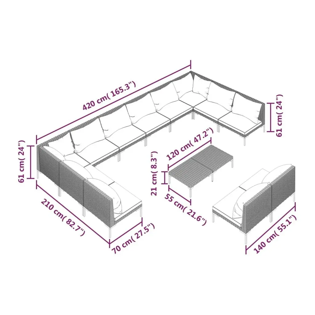 13 Piece Garden Lounge Set with Cushions Poly Rattan Dark Grey 3099939