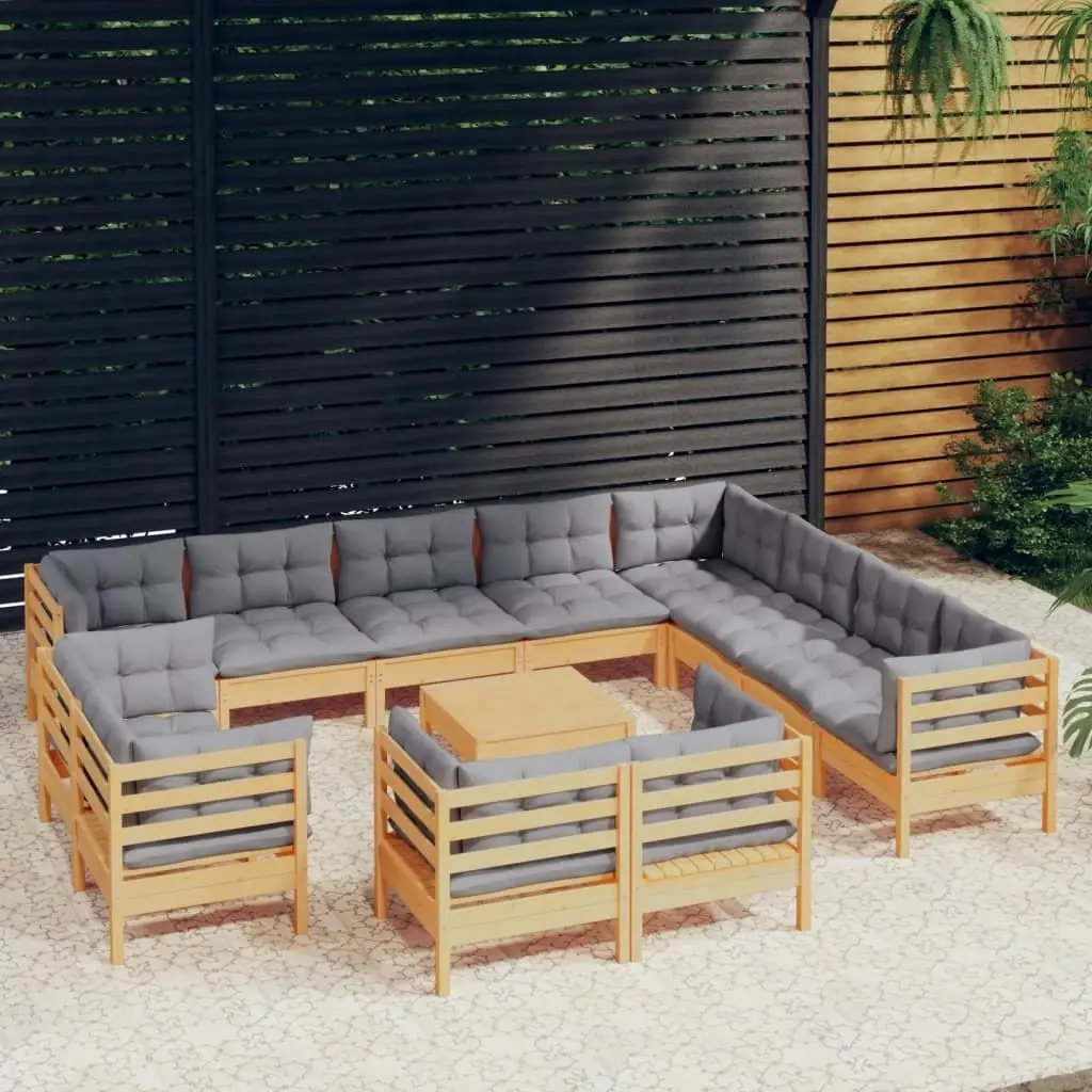 13 Piece Garden Lounge Set with Grey Cushions Solid Pinewood 3096952