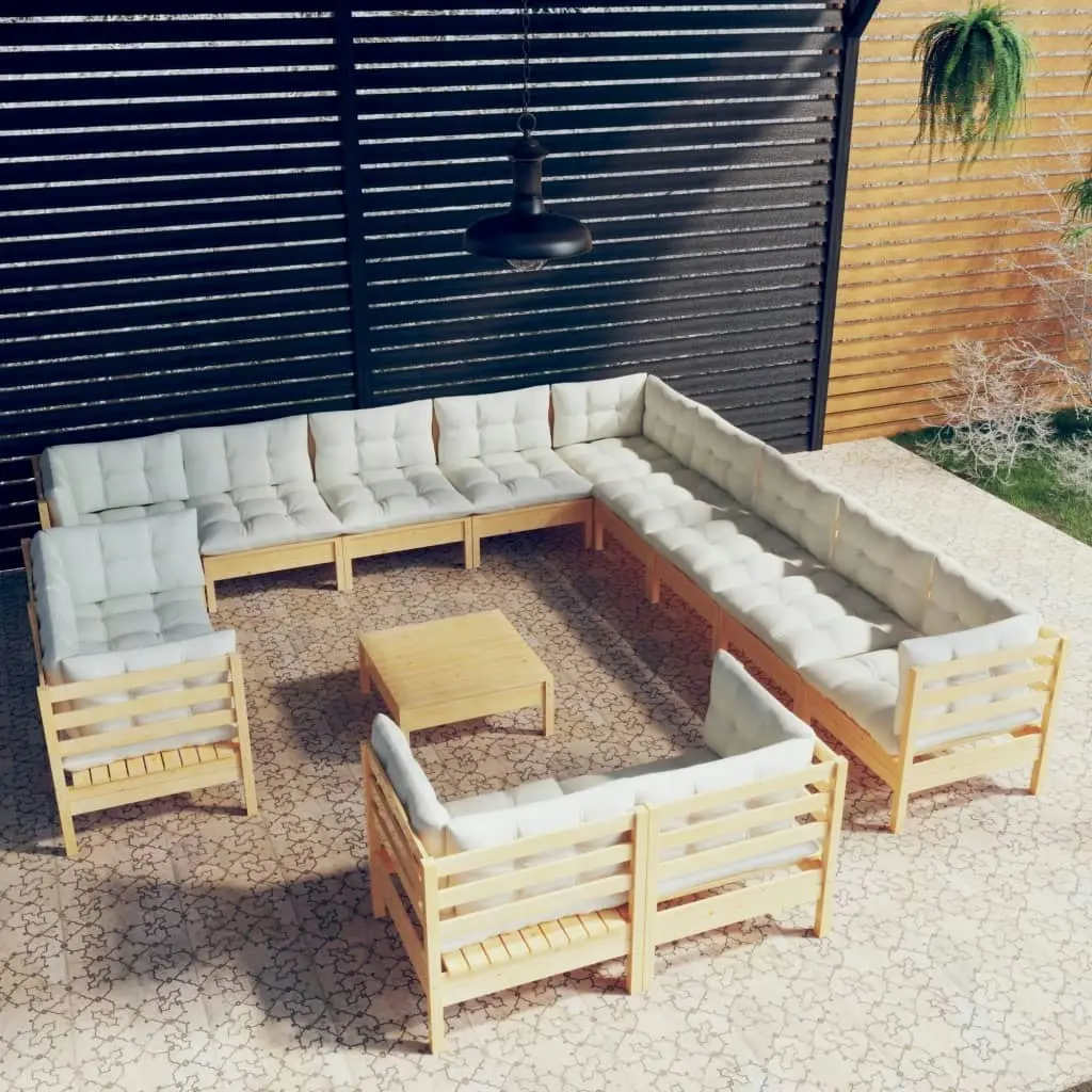 14 Piece Garden Lounge Set with Cream Cushions Solid Pinewood 3096965