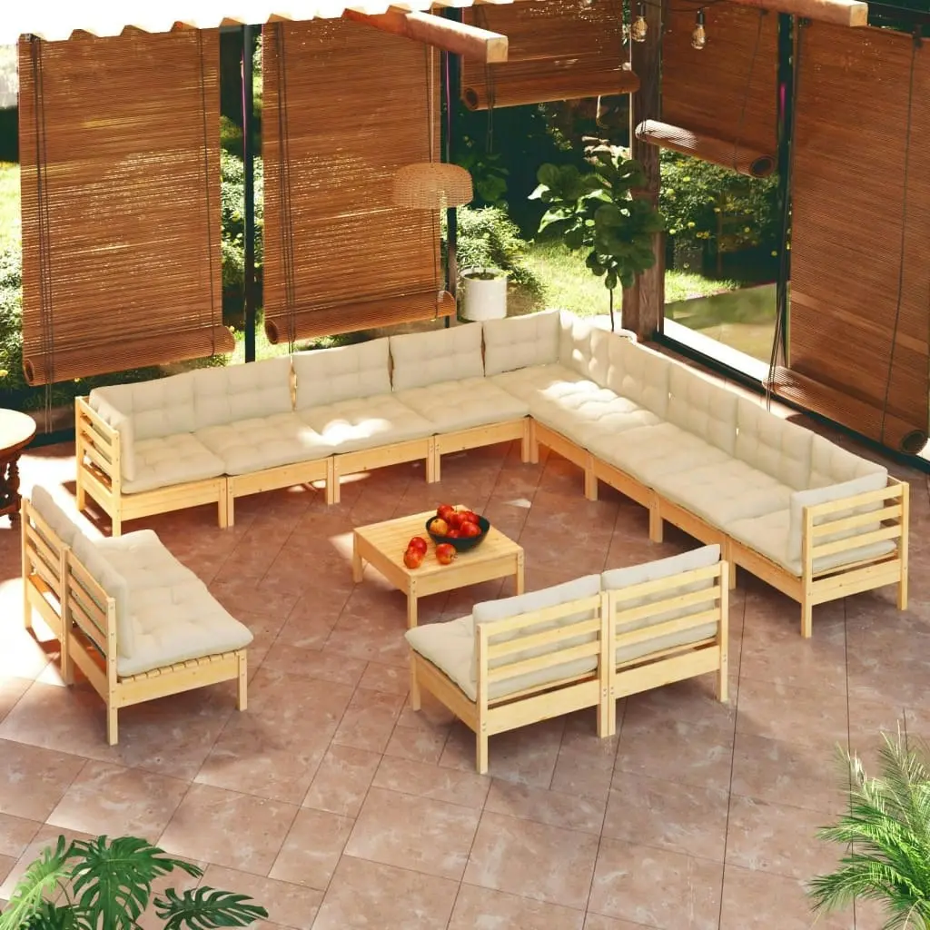 14 Piece Garden Lounge Set with Cream Cushions Solid Pinewood 3096893