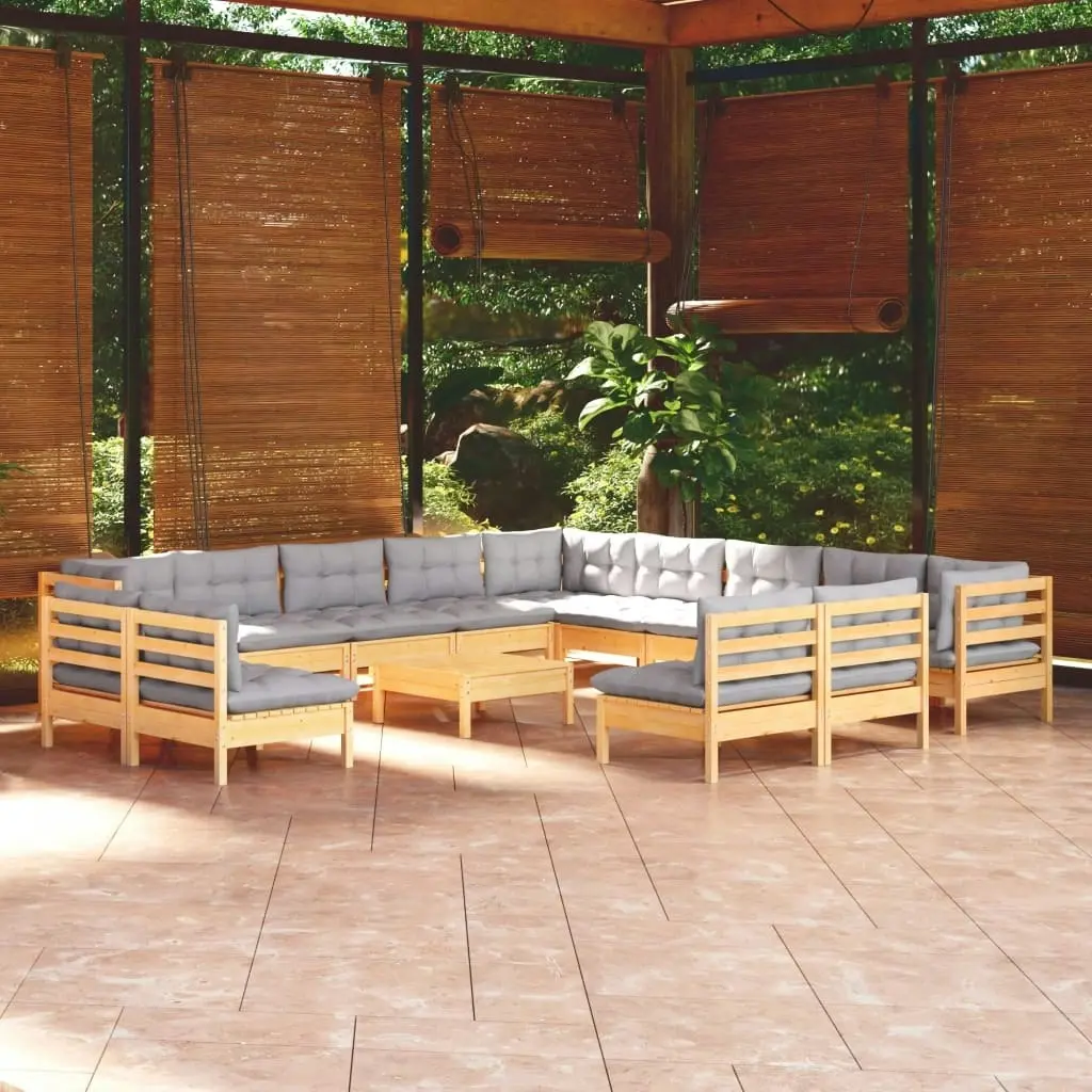 14 Piece Garden Lounge Set with Grey Cushions Solid Pinewood 3096892