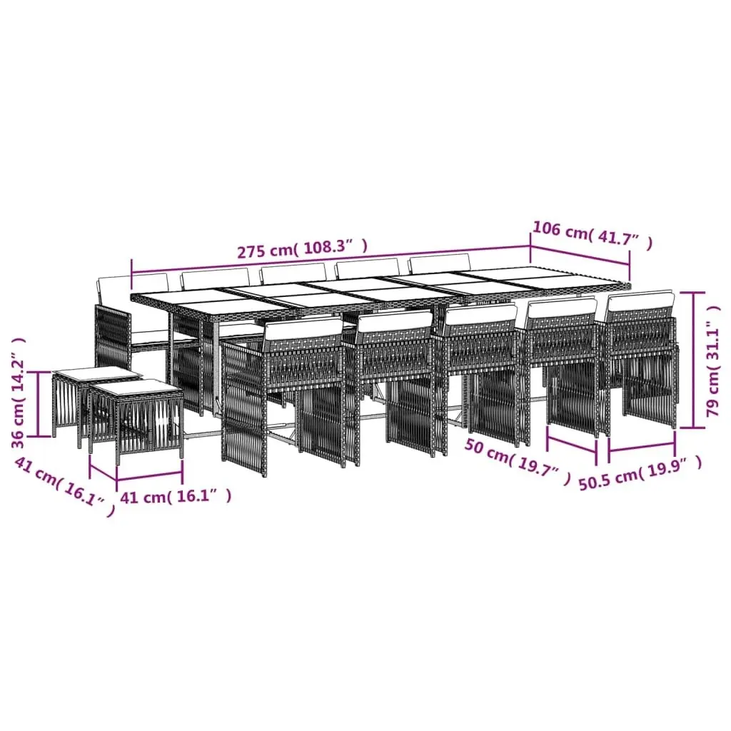 15 Piece Garden Dining Set with Cushions Grey Poly Rattan 3211712