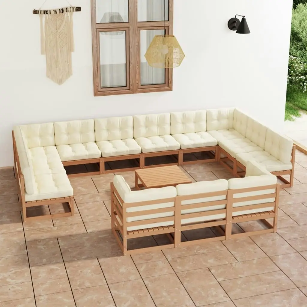 14 Piece Garden Lounge Set&Cushions Honey Brown Solid Pinewood 3077292