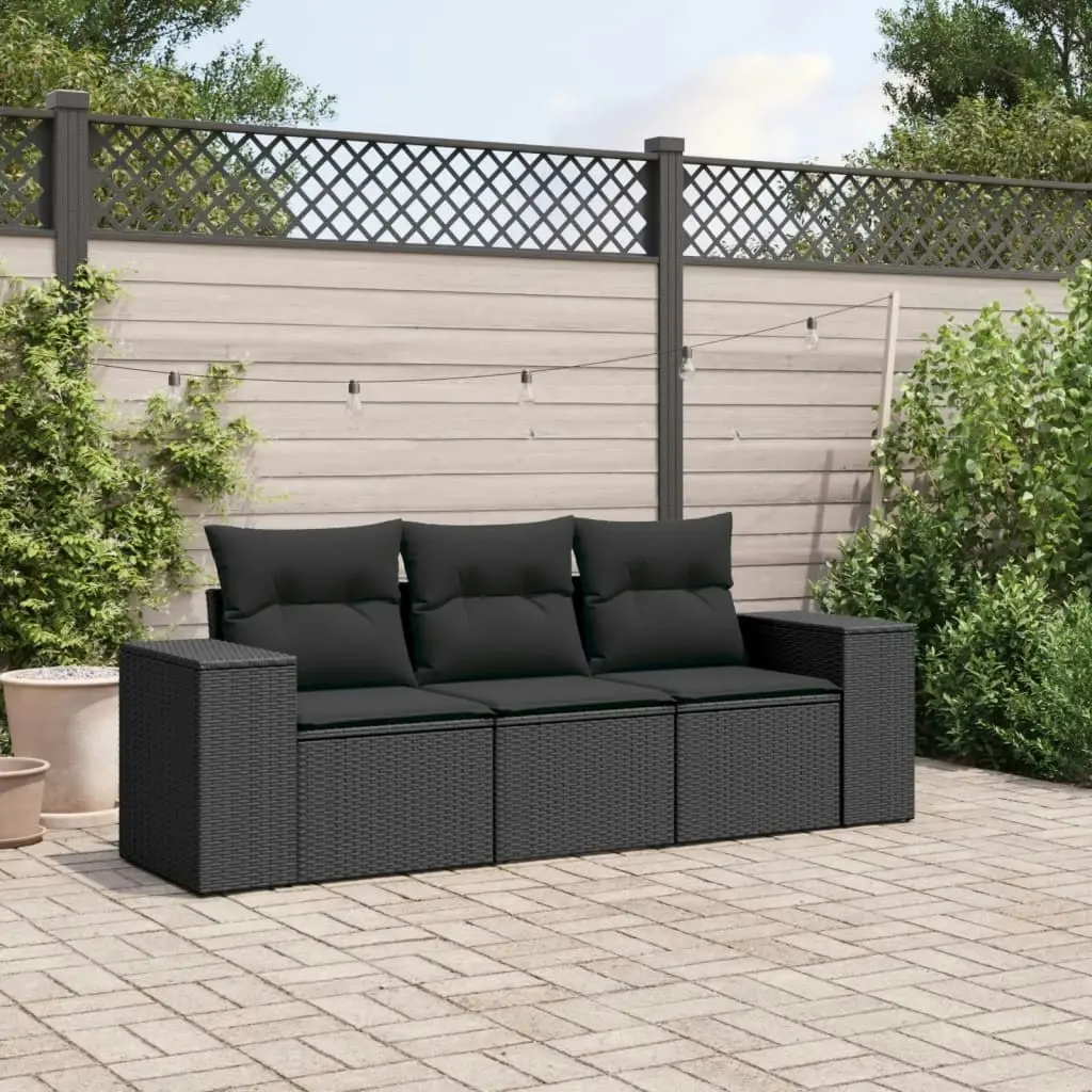 3 Piece Garden Sofa Set with Cushions Black Poly Rattan 3254592