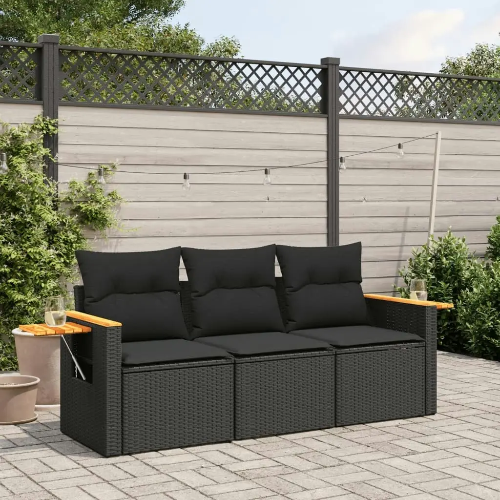 3 Piece Garden Sofa Set with Cushions Black Poly Rattan 3226594