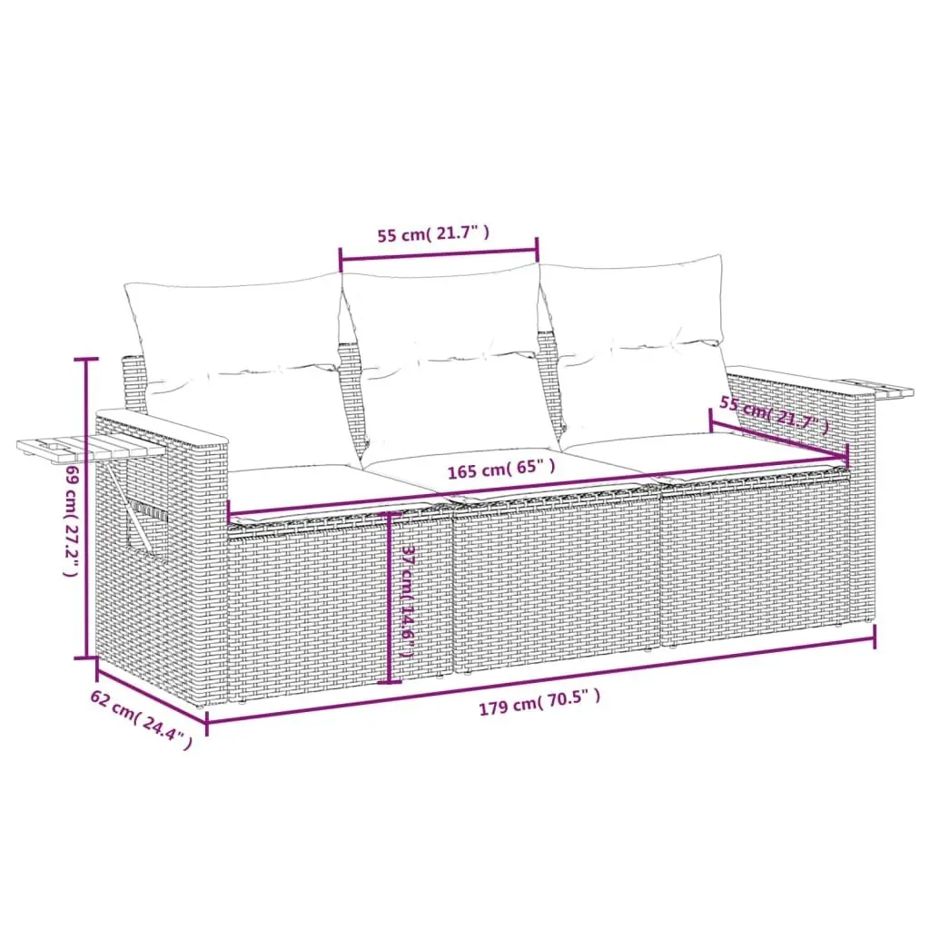 3 Piece Garden Sofa Set with Cushions Black Poly Rattan 3226594