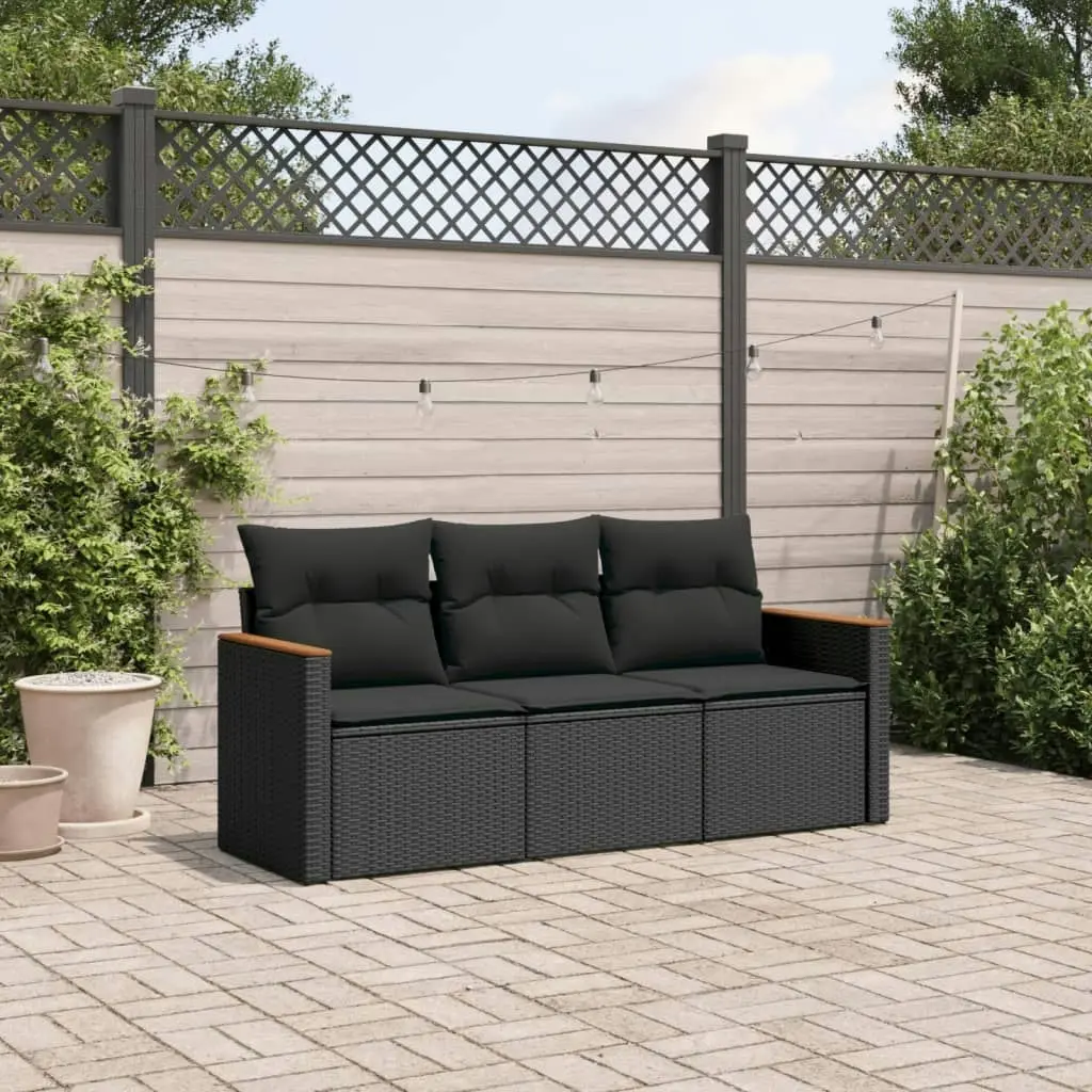 3 Piece Garden Sofa Set with Cushions Black Poly Rattan 3225754