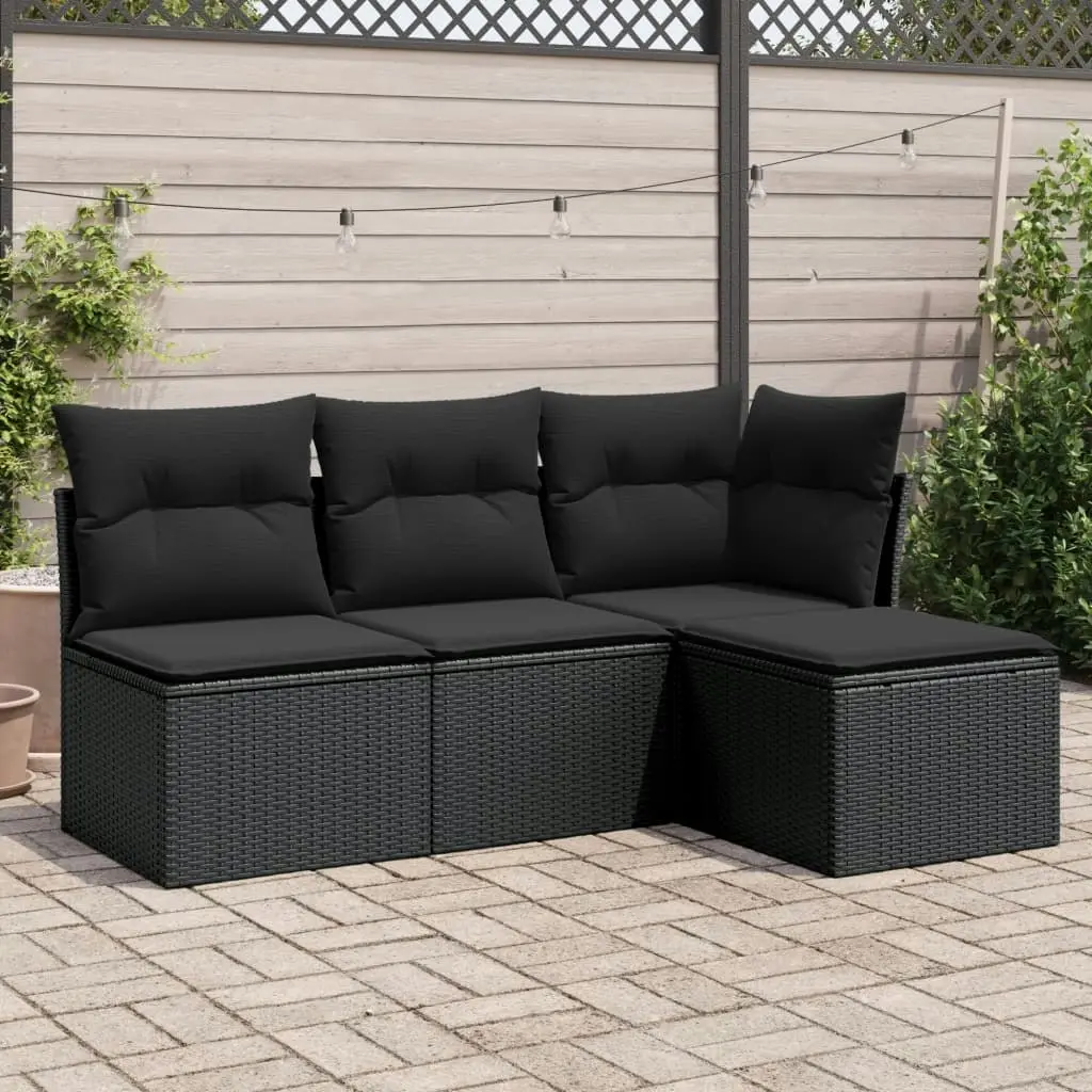 4 Piece Garden Sofa Set with Cushions Black Poly Rattan 3217495