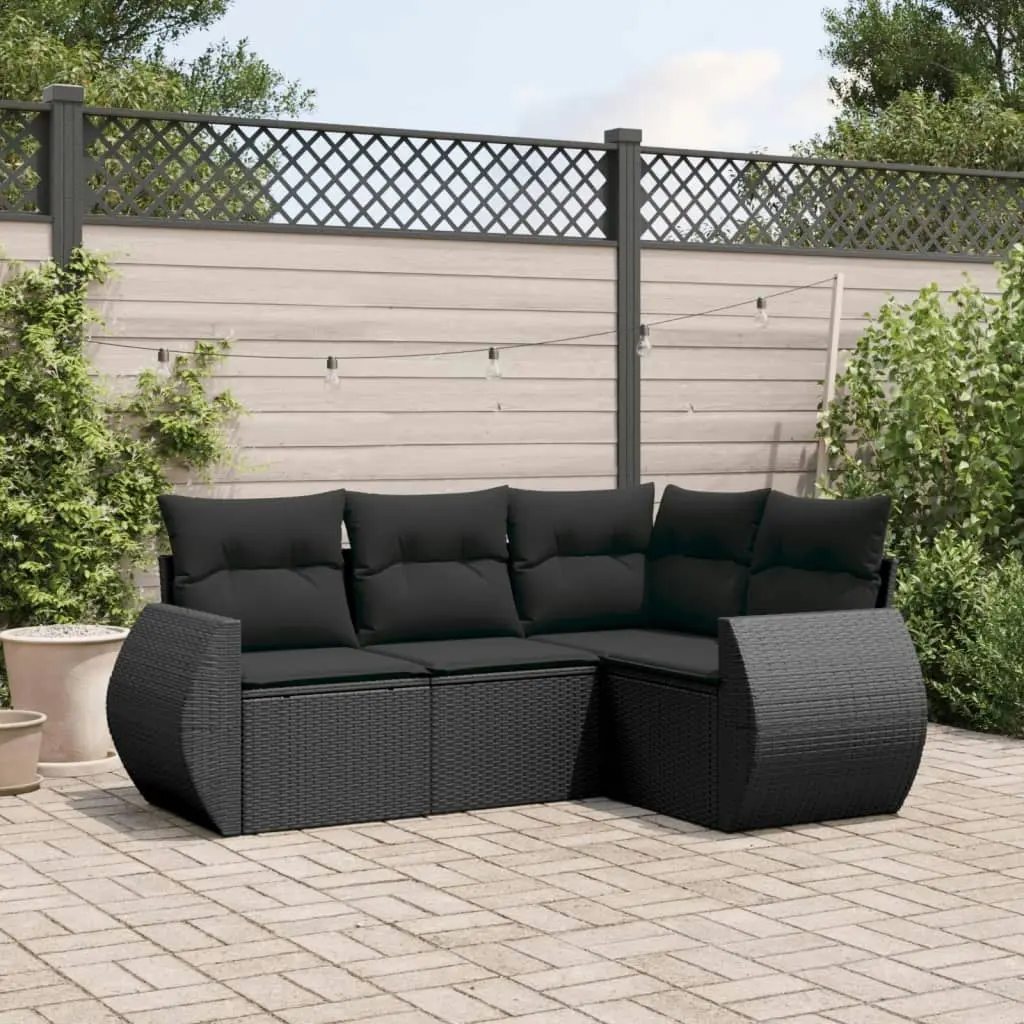 4 Piece Garden Sofa Set with Cushions Black Poly Rattan 3221304