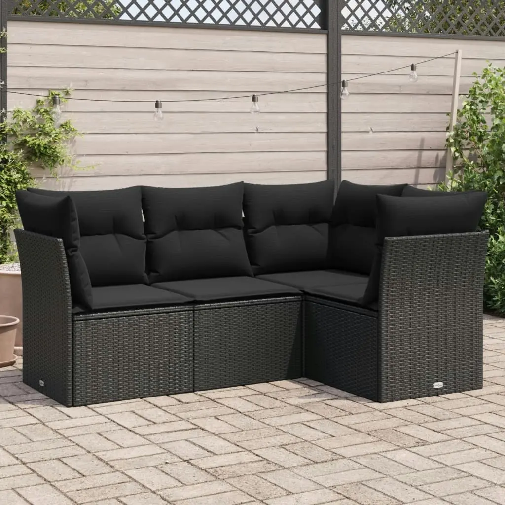 4 Piece Garden Sofa Set with Cushions Black Poly Rattan 3217575