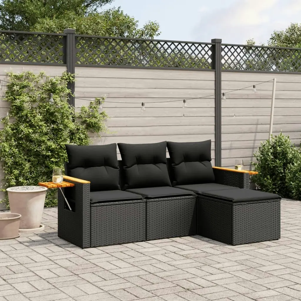 4 Piece Garden Sofa Set with Cushions Black Poly Rattan 3259143