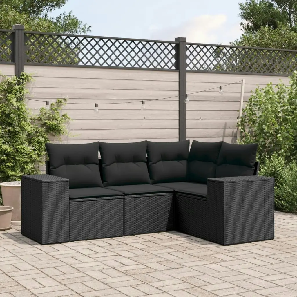 4 Piece Garden Sofa Set with Cushions Black Poly Rattan 3254842