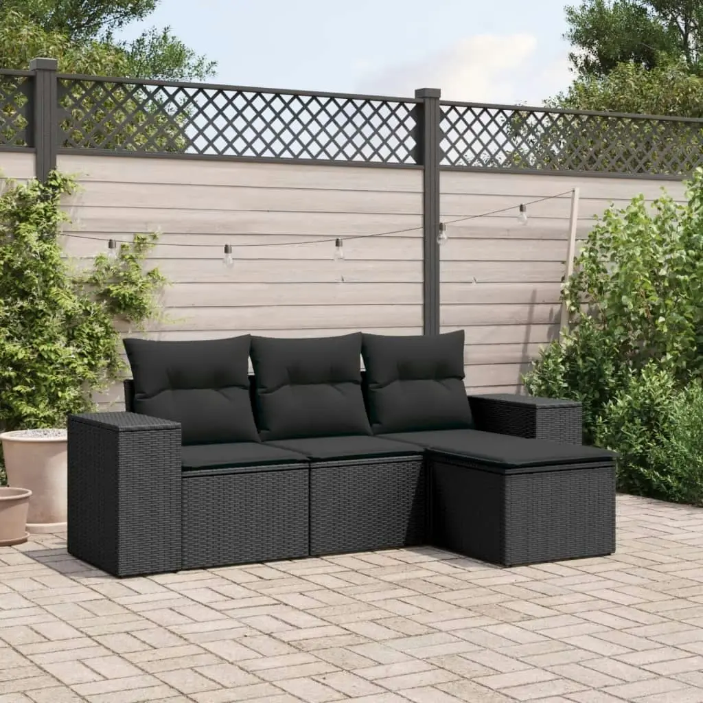 4 Piece Garden Sofa Set with Cushions Black Poly Rattan 3254802