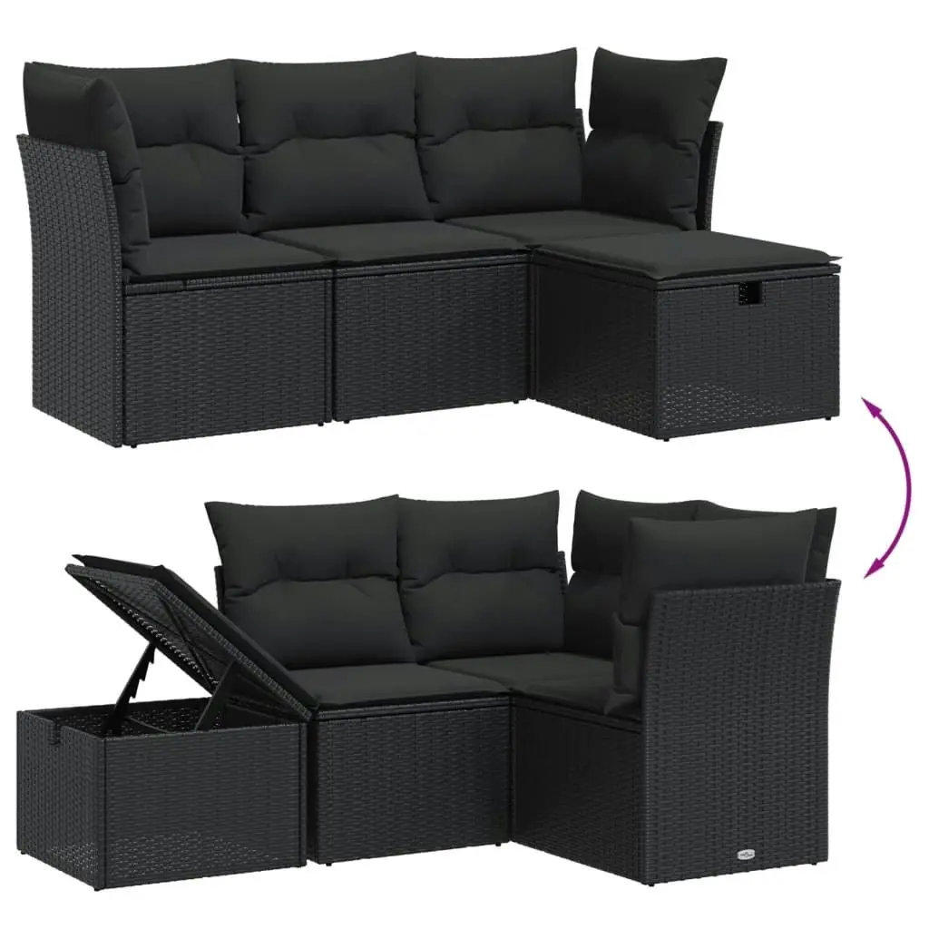 4 Piece Garden Sofa Set with Cushions Black Poly Rattan 3265269